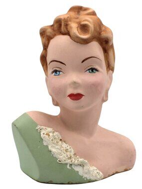 Mid Century Lady Head Bust Ceramic Hand Painted Red Head Curls Glamour Decor Vtg